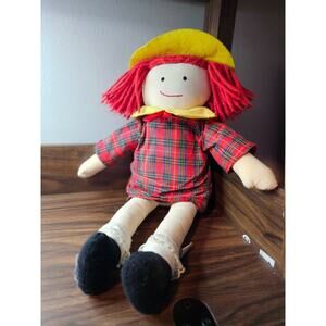 Vintage Eden Toys Madeline Rag Doll Plaid Dress Yellow Hat Yarn Hair 18 Inch